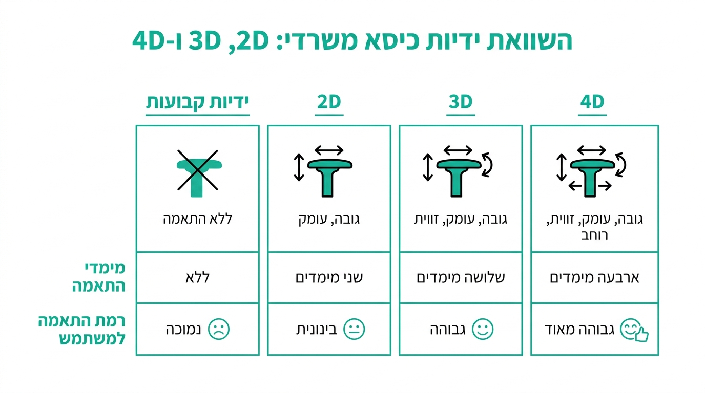השוואה מעשית בין ידיות 2D, 3D ו-4D בכיסאות משרד